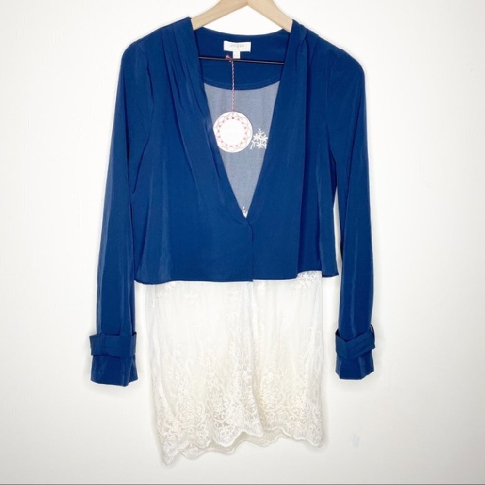 Umgee NWT Blue Cropped Deep V Neck Button Front Blouse With White Lace Trim